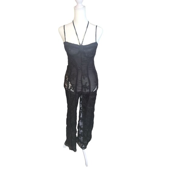 PrettyLittleThing Black Lace Binding Detail Strappy Sheer Jumpsuit Size 4 - Picture 2 of 8
